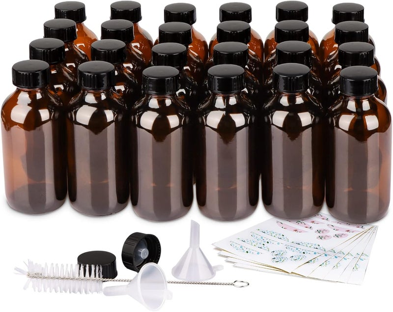 PINIWON 24 Pack 4 oz Amber Glass Bottles, 120ml Boston Round Sample Bottles with Black Poly Cone Caps, Labels, Funnels and Brush - Image 1